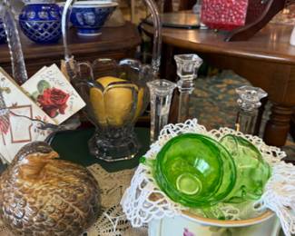 green glass, beautiful glass basket, bird figurine 