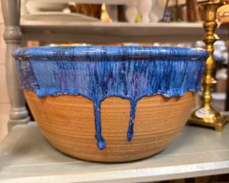 Larger Pottery bowl, blue drip glaze. 