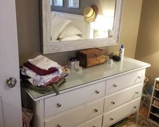 Coastal chic 6-drawer dresser with glass top; large wall mirror