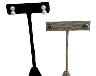 14K black pearl & double white pearl earrings