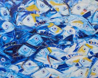 Rubens Paiva (Brazil, 20th-21st C.), tight view of swarming school of fish, oil on canvas