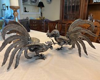 Pair of large pewter fighting cockerels