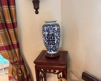 One of a pair of large blue vases with double happiness symbol and pedestal