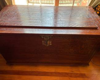 Large carved Trunk with ornate brass hardware and key