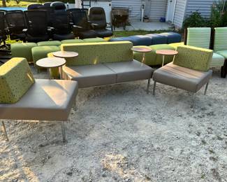 3 pc - office couch and 2 single chairs all w/ pivoting round writing/beverage trays.