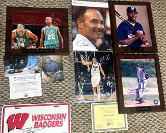 A wide variety of autographs -  Payton & Pierce upper left corner w/ their pics signing and a COA, Paul Molitor, Bill Hall, Ben Sheets w/ COA, Bucks Andrew Bogut, and lower left is Ron Danes autograph on WI. Badgers license plate.  
