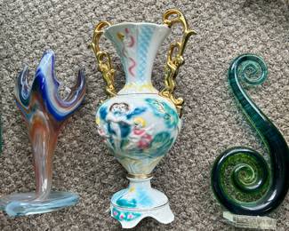 Murano style glass on both sides with an Italian Capodimonte style figurine handle jug/vase. 