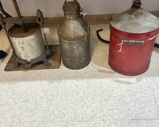 Sausage squeezer, 12 quart milk can, one on the right CB & Q RR oil can. (Chicago, Burlington and Quincy..