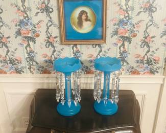 Victorian opaline blue lustres (2) with matching, framed porcelain plate.
13" tall