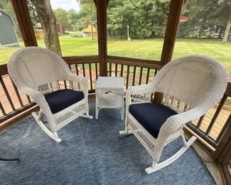 White Wicker Rocking Chairs with small matching table and cushions. .  $100 for set 