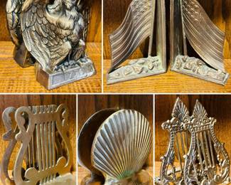 1776 brass eagle bookends, vintage cast iron American flag bookends, brass music note bookends, vintage brass seashell bookends Vintage brass Lyre Harp Bookends