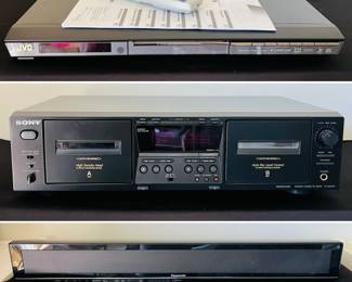 JVC DVD Player, Sony TC-WE475 Dual Cassette Deck, and a Panasonic Sound Bar
