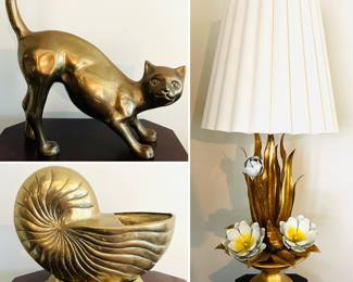 Vintage Solid Brass Cat Figurine MCM Korea Siamese Large, Vintage brass nautilus shell planter and a vintage floral table lamp. 