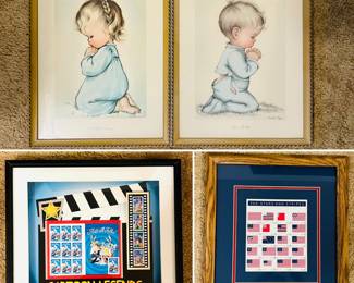 Vintage wall decor, framed cartoon legends stamps, framed Stars and Stripes stamps 