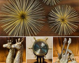 Starburst metal wall decor, vintage brass giraffe bookends,  Howard Miller Britannia Tabletop Clock, brass musical bookends