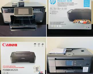 HP Photosmart Premium e-All-in-One Printer, Canon PIXMA MG2525 All-in-One Inkjet Printer, HP DeskJet 3639 printer, and a Brother MFC-J1170DW Wireless Color Inkjet All-in-One Printer