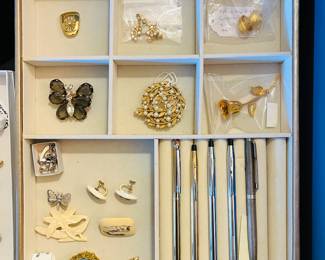 Vintage gold, silver, and costume jewelry, silver writing pens 