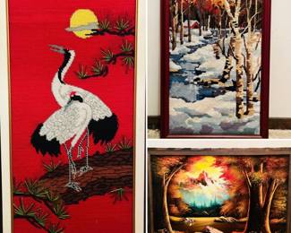 Vintage crewel art, vintage velvet painting