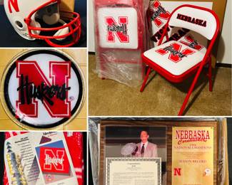 Vintage Husker display helmet, Peggy Karr plate, blanket , folding table and chairs set and commemorative plaque celebrating the 1994 Nebraska Cornhuskers football team's National Championship victory. 