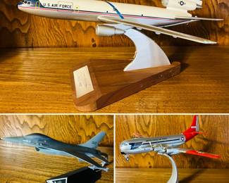 Model plane displays including an U.S. Air Force KC-10A Extender, F-16 Fighting Falcon, and a Corgi Aviation 