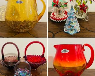 Vintage Blenko, glass baskets, Fenton Christmas tree