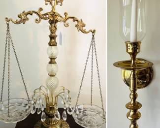 Vintage Decorative Bronze & Crystal Prism Scales Of Justice and brass wall sconce 