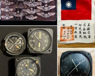 Collection of United States Air Force (USAF) aviator badges, vintage military and aviation-related artifacts, World War ll  Flying Tigers artifact and a World War ll clock, Blood Chit 