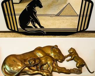 MCM black panther wall mirror and brass lion and cubs decor wall decor 