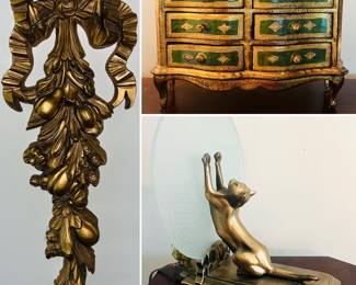 vintage syroco wall decor, Italian Florentine jewelry box, Vintage Sarsaparilla Frankart Art Deco Stretching Cat Figurine Brass Lamp 