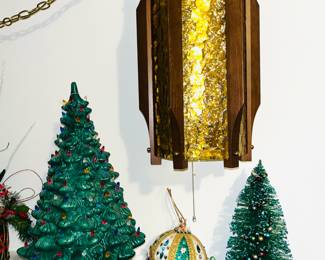 Vintage Christmas decorations and swag lamp. 