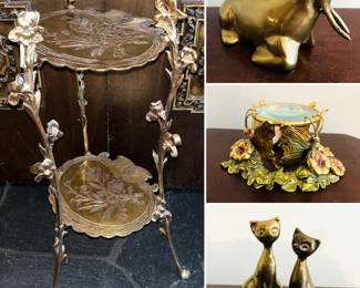 Art Nouveau two-tier brass plant stand, Vintage Solid Brass Walrus Figurine, Vintage Decorative Magnifying Glass With Butterfly& Flowers, and a set of  Vintage MCM Brass Sitting Cat Figurines 
