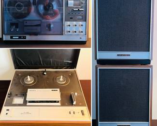 Panasonic RS-763FS Reel-to-Reel Tape Recorder, Sony TC-355 Solid State Reel-to-Reel Tape Recorder and a pair of vintage Panasonic speakers. 