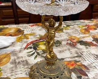 Vintage crystal dish with metal base