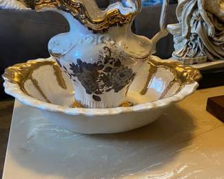 Vintage wash basin and pitcher with gold relief and floral design 