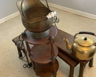 Antique Copper coal and ash bucket. Brass tea pots. Rustic nesting tables. 