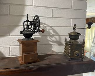 Several Antique coffee grinders. 