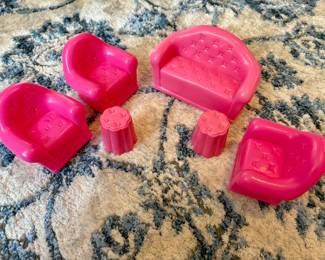 Vtg. 1990’s Mattel Barbie Doll Furniture Hot Pink Plastic Sofa, 3 Chairs, & 2 Tables  - Set of 6
