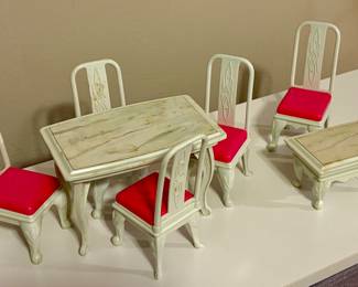 Vtg. Blue Box Hong Kong Table, Coffee Table, & 5 Pink & White Chairs