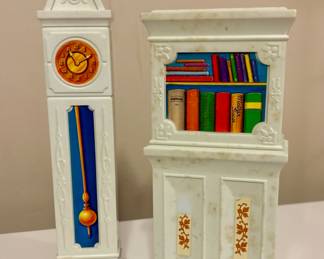 Vtg. Blue-Box Dollhouse Furniture Hong Kong  Grandfather Clock & Bookshelf