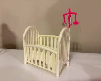 Vtg. Mattel Barbie White Crib with Pink Mobile and One Drop Side 