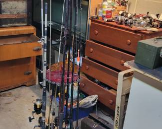 Rods, reels, chest full of fishing gear