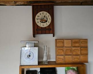 Wall Clock, Scale, Wooden Drawers