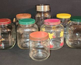 Vintage Glass Canisters and Jars 8 Piece Collection with Colorful Lids