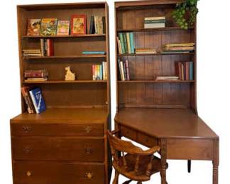 Vintage Ethan Allen Wood Corner Desk,3Drawer Dresser, Two Bookshelves  Captains Chair 