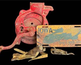 Vintage Corn Collectibles Fulton Corn Sheller, Handheld Husker Shucker, and Iowa Corn Plate