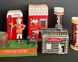 Vintage Collectible Coin Bank Lot CocaCola, Cast Iron Trick Dog, Log Cabin, and Tootsie Roll Bank