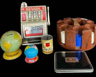 Vintage Coin Bank Game Collectibles Lot  Nevada Slot, Globe,  More