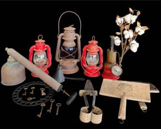 Unique Collection of Vintage Farmhouse Americana Decor  Kerosene Lamps, Farm Tools, and More