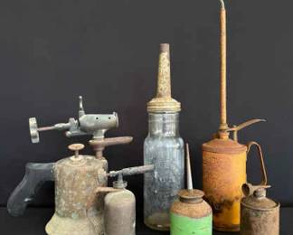 Vintage Oil Cans Blowtorches Collection  A Rustic Assemblage