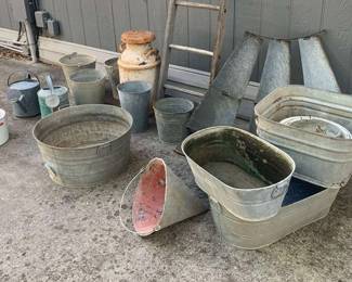 Lawn Art Essentials...Galvanized Tubs, Pails, 3 Blade Windmill Section... Collectible